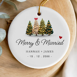 Cute merry and married christmas trees one photo ceramic ornament