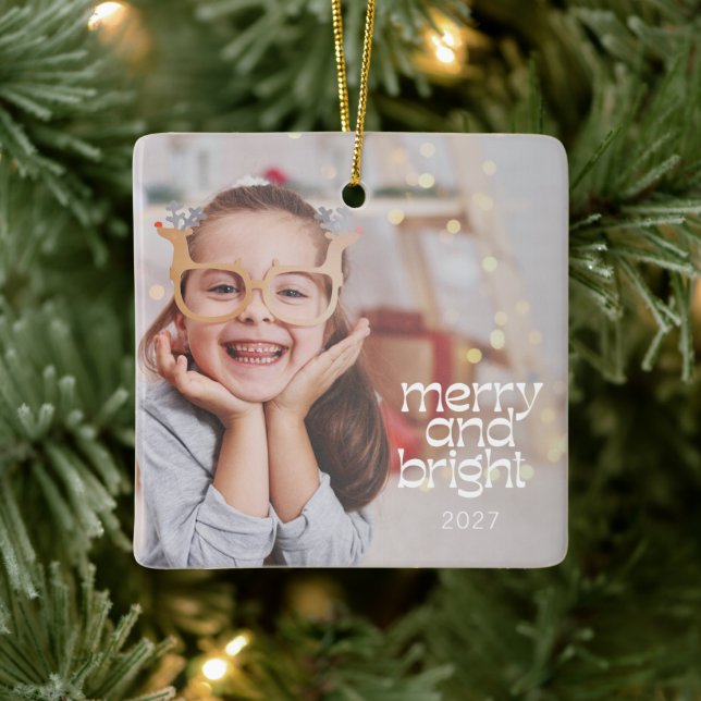 Cute Merry Bright White Text Custom Photo Overlay Ceramic Ornament (Tree)