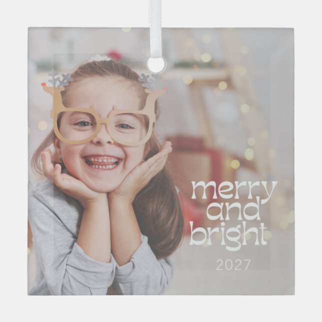 Cute Merry Bright White Text Custom Photo Overlay Glass Ornament (Front)