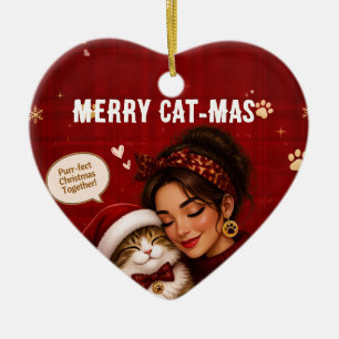 Cute Merry Cat-Mas Crimson Christmas Photo Name Ceramic Ornament