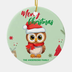 Cute merry christmas Baby Owl Santa Scarf holiday  Ceramic Ornament