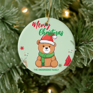 Cute merry Christmas Bear Santa Scarf holiday  Ceramic Ornament