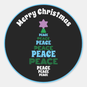 Cute Merry Christmas Blue and Green Peace Tree Classic Round Sticker