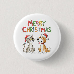 Cute Merry Christmas Cat and Dog with Santa Hats 1 Inch Round Button