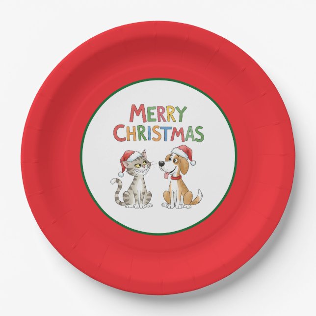 Cute Merry Christmas Cat and Dog with Santa Hats  Paper Plate (Front)