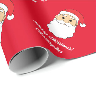Cute Merry Christmas Custom Name Santa Claus Red Wrapping Paper