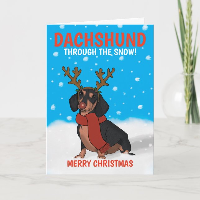 Cute Merry Christmas Dachshund Dog Rudolph Holiday Card (Front)