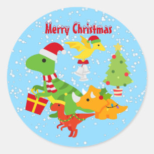 Cute Merry Christmas Dinosaur Kids Classic Round Sticker
