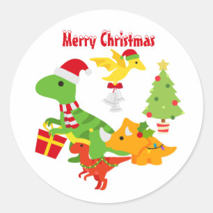 Cute Merry Christmas Dinosaur Kids White Classic Round Sticker