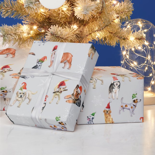 Cute Merry Christmas Dogs with Santa Hats  Wrapping Paper (Holidays)