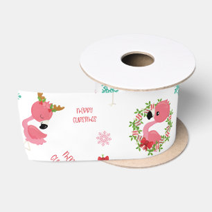 Cute Merry Christmas Flamingo Snowflake Satin Ribbon