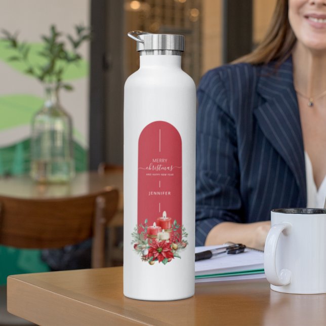 Cute Merry Christmas Floral Minimalist Custom Water Bottle (Creator Uploaded)