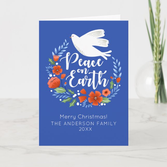 Cute Merry Christmas Floral Wreath Photo Holiday Card (Front)