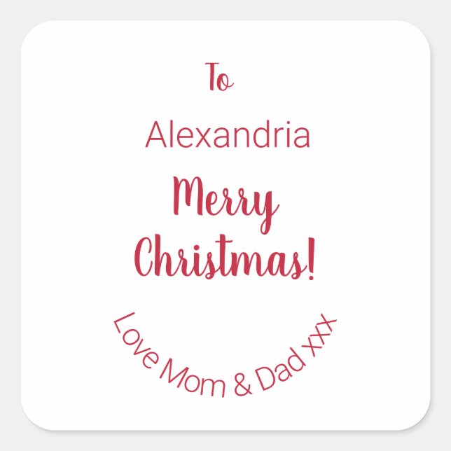 Cute Merry Christmas From Mom and Dad Minimal Square Sticker (Front)