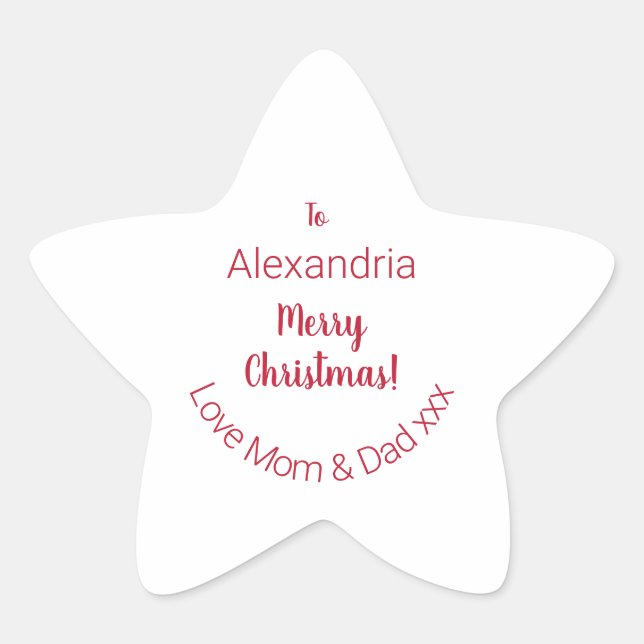 Cute Merry Christmas From Mom and Dad Minimal Star Sticker (Front)