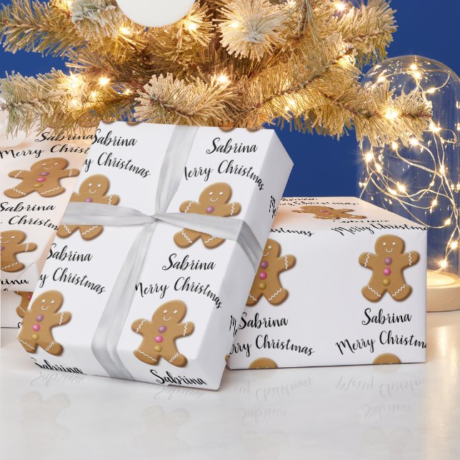 Cute Merry Christmas gingerbread man personalized Wrapping Paper (Holidays)