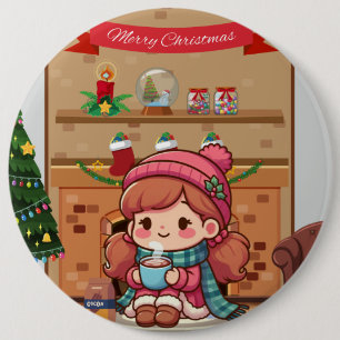 Cute Merry Christmas girl with cocoa 6 Inch Round Button
