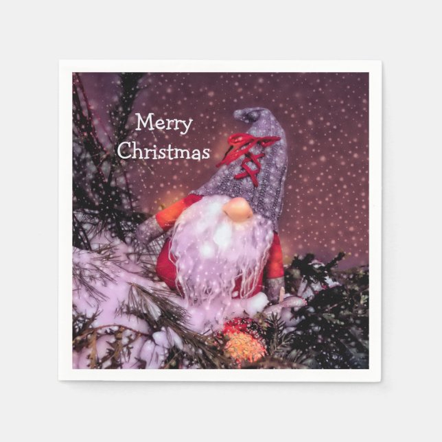 Cute Merry Christmas Gnome Holiday Tree Napkin (Front)