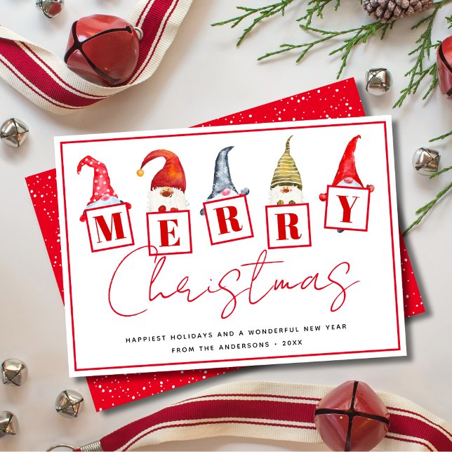 Cute Merry Christmas Gnomes Signs Red Holiday Card (Creator Uploaded)