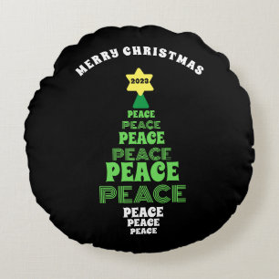 Cute Merry Christmas Green Peace Tree Round Pillow