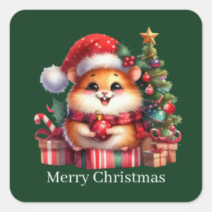 Cute Merry Christmas hamster customizable Square Sticker