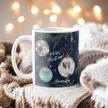 Cute merry Christmas illustration name 2 photos Coffee Mug<br><div class="desc">Cute merry Christmas illustration name 2 photos with cute green pine tree,  red holly berries,  snowflake,  christmas ball ornament with your photos,  add your names and season's greetings! On editable navy blue.</div>