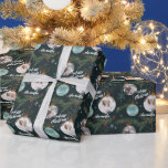 Cute merry Christmas illustration name 2 photos Wrapping Paper<br><div class="desc">Cute merry Christmas illustration name 2 photos with cute green pine tree,  red holly berries,  snowflake,  christmas ball ornament with your photos,  add your names and season's greetings! On editable green.</div>