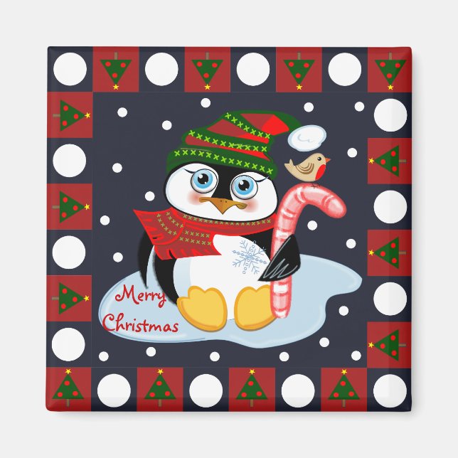 Cute Merry Christmas magnet with Penguin and Robin (Front)