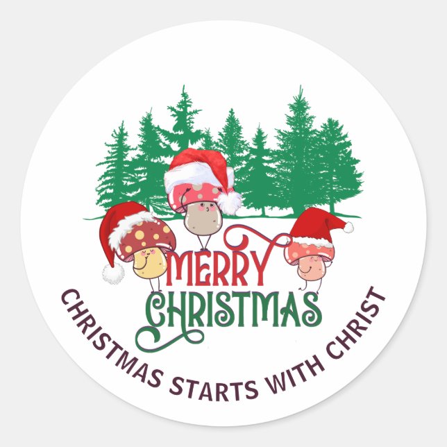 Cute MERRY CHRISTMAS MUSHROOM Christian Classic Round Sticker (Front)
