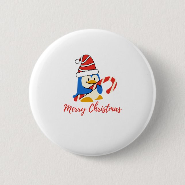Cute Merry Christmas Penguin Candy Cane 2 Inch Round Button (Front)