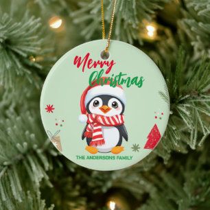 Cute merry Christmas penguin Santa Scarf holiday  Ceramic Ornament