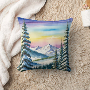 Cute Merry Christmas pine trees Rainbow Holiday Throw Pillow