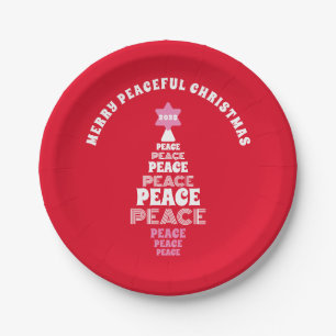 Cute Merry Christmas Pink and Red Peace Tree Paper Plate