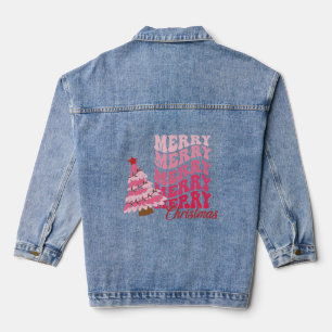 Cute Merry Christmas Pink Retro Xmas Tree Holiday Denim Jacket