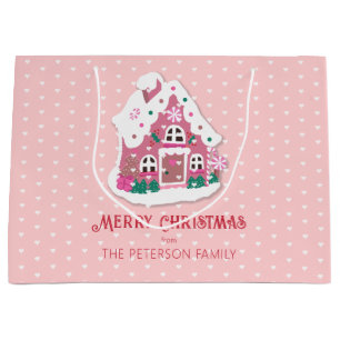 Cute Merry Christmas Pink Snowy Gingerbread House Large Gift Bag