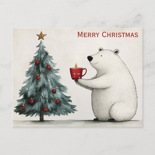 Cute Merry Christmas Polar Bear Whimsical Postcard (Front)