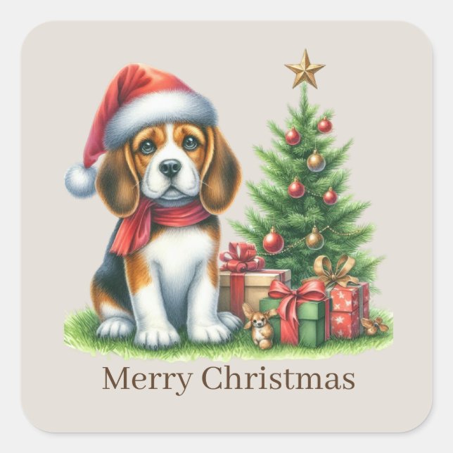 Cute Merry Christmas puppy customizable  Square Sticker (Front)