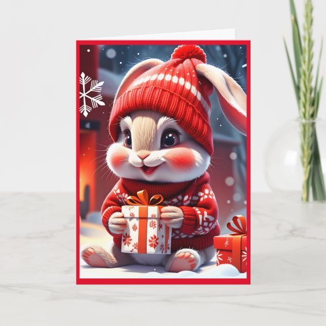 Cute Merry Christmas Rabbit Holiday Card (Front)
