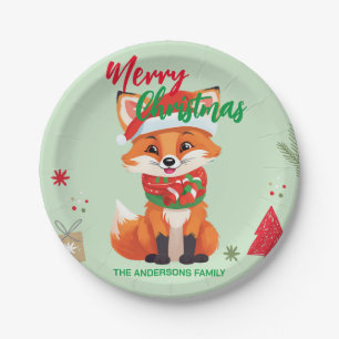 Cute merry Christmas red fox Santa Scarf holiday Paper Plate