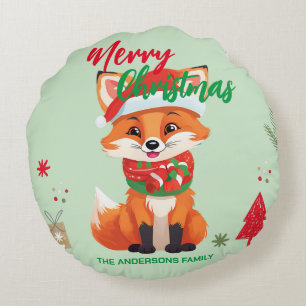 Cute merry Christmas red fox Santa Scarf holiday Round Pillow