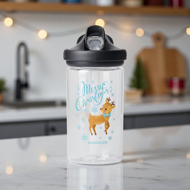 Cute Merry Christmas Reindeer Personalized Name Water Bottle (Creator Uploaded)
