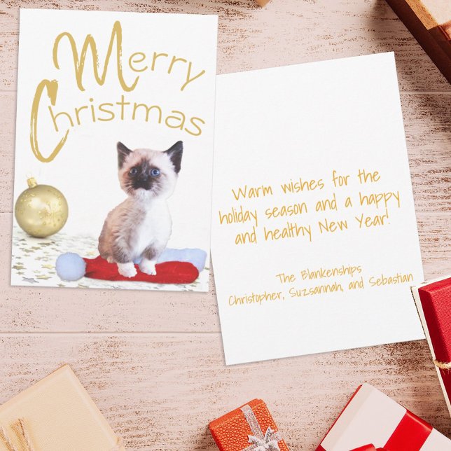 Cute Merry Christmas Siamese Kitten Gold Ornament Holiday Card (Creator Uploaded)