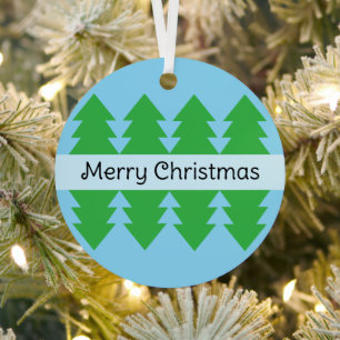 Cute Merry Christmas Simple Tree Design Blue Metal Ornament