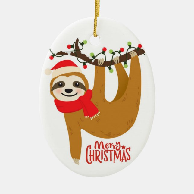 Cute Merry Christmas Sloth Ceramic Ornament (Front)