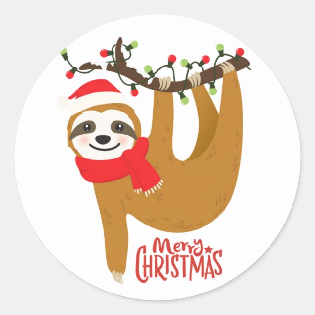 Cute Merry Christmas Sloth Classic Round Sticker (Front)