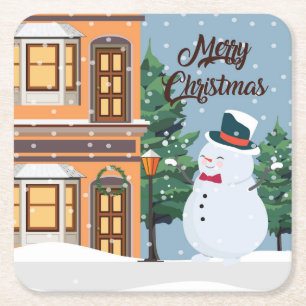 Cute Merry Christmas Snowman Winter Scene Square Paper Coaster
