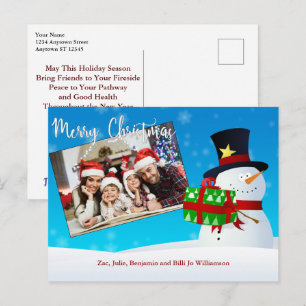 Cute Merry Christmas Snowman With Gift Your Photo Postcard