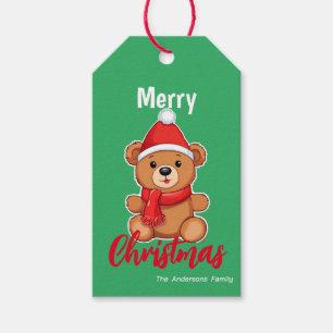 Cute merry Christmas teddy Bear Santa Scarf holida Gift Tags