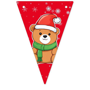 Cute merry Christmas teddy Bear Santa Scarf party Bunting Flags