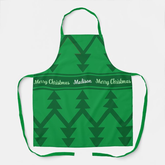 Cute Merry Christmas Trees Custom Name Green Apron (Front)